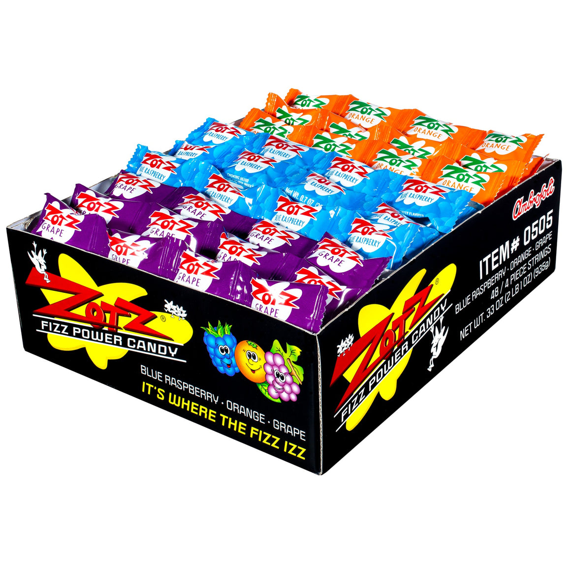 All City Candy Zotz Fizz Power Candy Strings Blue Raspberry, Orange & Grape - Case of 48 Novelty G.B. Ambrosoli For fresh candy and great service, visit www.allcitycandy.com