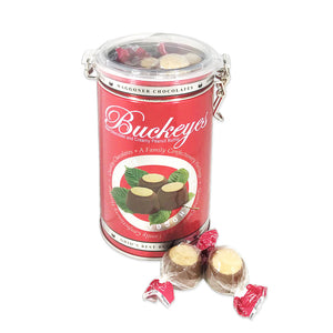All City Candy Waggoner Milk Chocolate Buckeyes Red Round Latch Tin 12 oz. Waggoner Chocolates For fresh candy and great service, visit www.allcitycandy.com