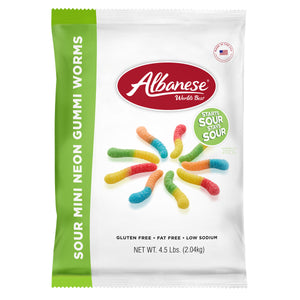 All City Candy Mini Sour Neon Gummi Worms - 4.5 LB Bulk Bag Bulk Unwrapped Albanese Confectionery For fresh candy and great service, visit www.allcitycandy.com