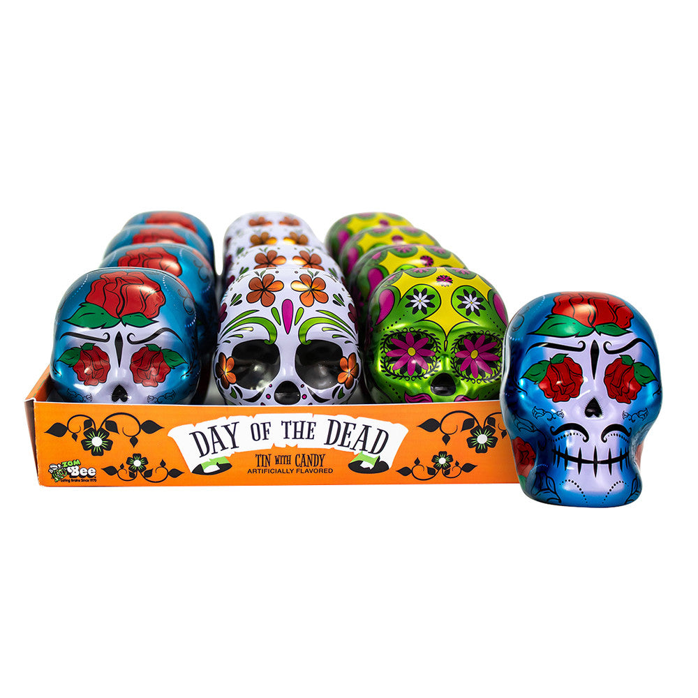 Bee Day of the Dead Skull Tin with Smarties Halloween Bee International Candy For fresh candy and great service, visit www.allcitycandy.com