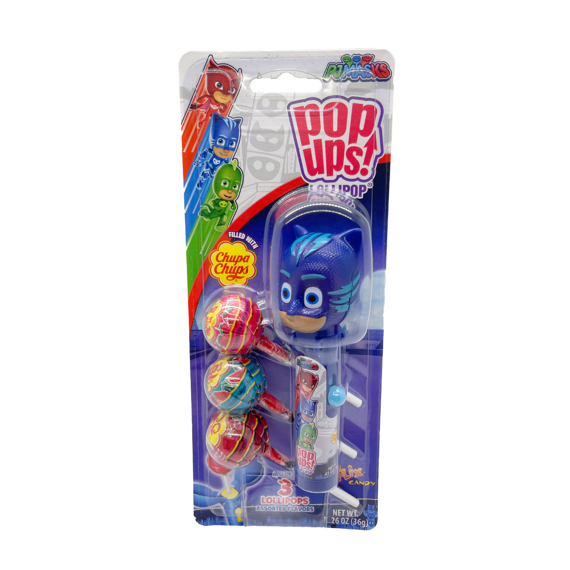 All City Candy Flix Pop ups! PJ Masks Blister Card 1.26 oz. Owlette Novelty Flix Candy For fresh candy and great service, visit www.allcitycandy.com