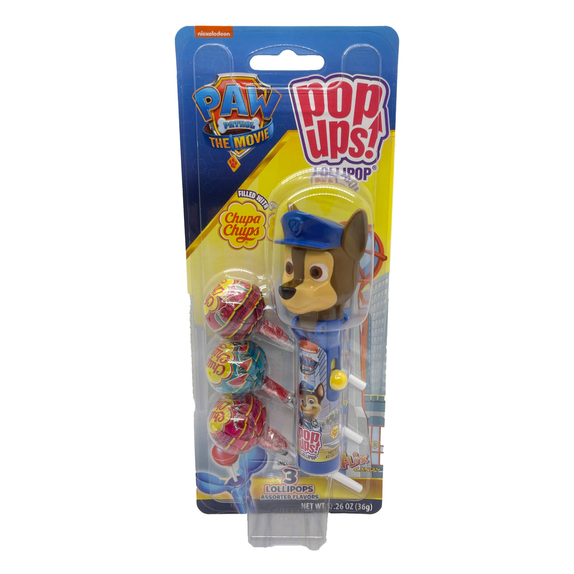 All City Candy Flix Pop ups! Lollipop Paw Patrol Blister Card 1.26 oz. Marshall Novelty Flix Candy For fresh candy and great service, visit www.allcitycandy.com