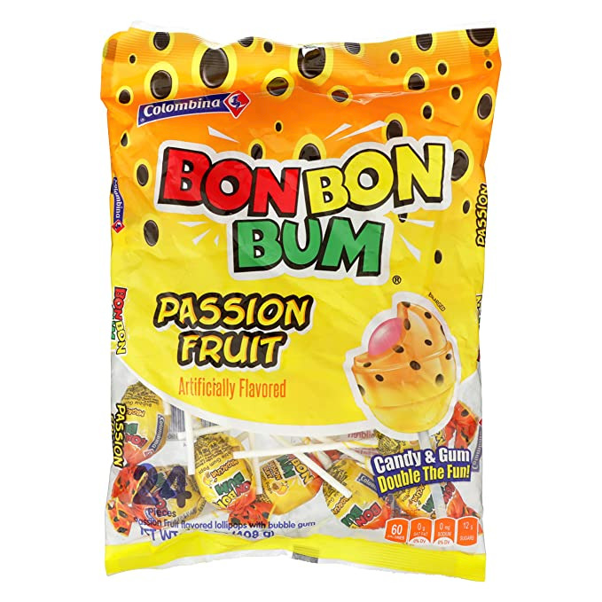 Colombina Bon Bon Bum Lollipops - Passion Fruit Flavor - 1 Pack, 24 Count,  Individually Wrapped, Exotic Maracuya Suckers, Gluten-Free, 14.4 oz 