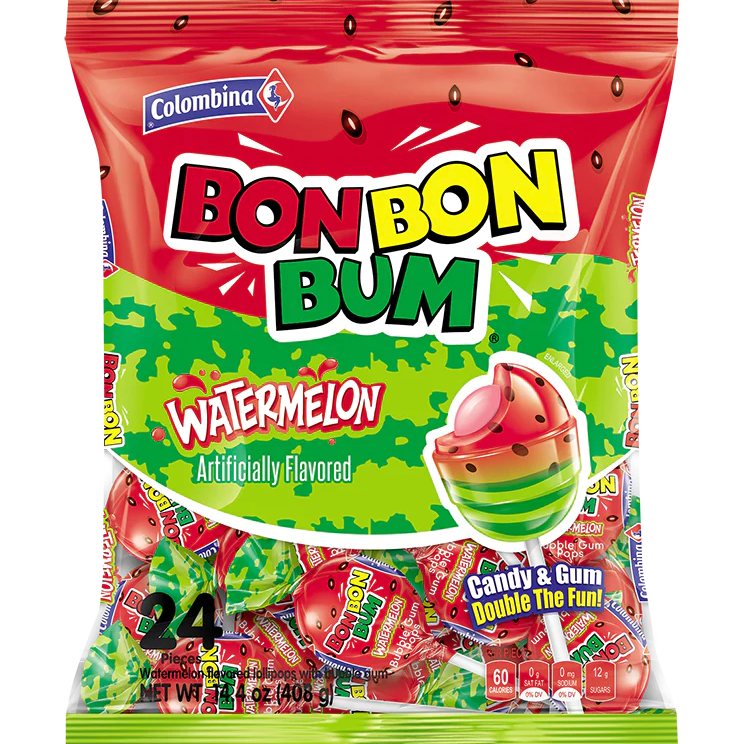 All City Candy Colombina Bon Bon Bum Watermelon 24 count Pops 14.4 oz. Bag Lollipops & Suckers Colombina For fresh candy and great service, visit www.allcitycandy.com