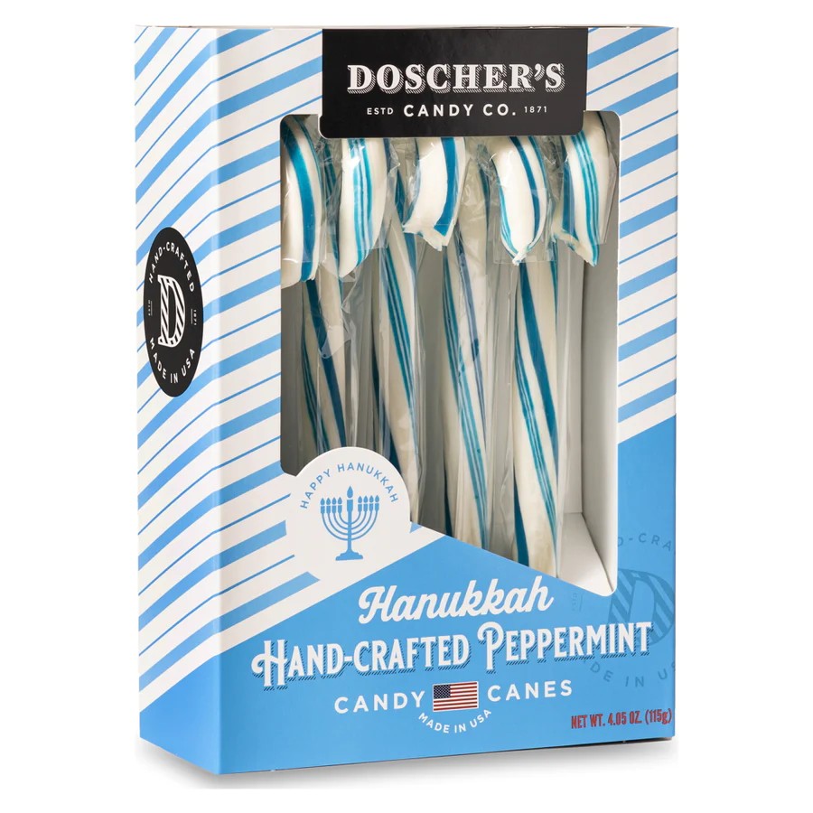 All City Candy Gourmet Handmade Hanukkah Blue & White Peppermint Candy Canes - Box of 5 Hanukkah Doscher's Candy Co. For fresh candy and great service, visit www.allcitycandy.com