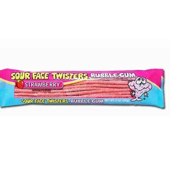 All City Candy Face Twisters Strawberry Sour Bubble Gum 2 oz. Tray - Case of 12 Sour Schuster Products For fresh candy and great service, visit www.allcitycandy.com