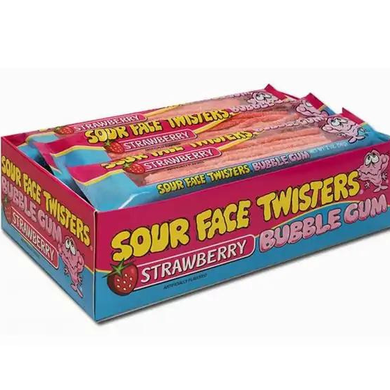 All City Candy Face Twisters Strawberry Sour Bubble Gum 2 oz. Tray - Case of 12 Sour Schuster Products For fresh candy and great service, visit www.allcitycandy.com