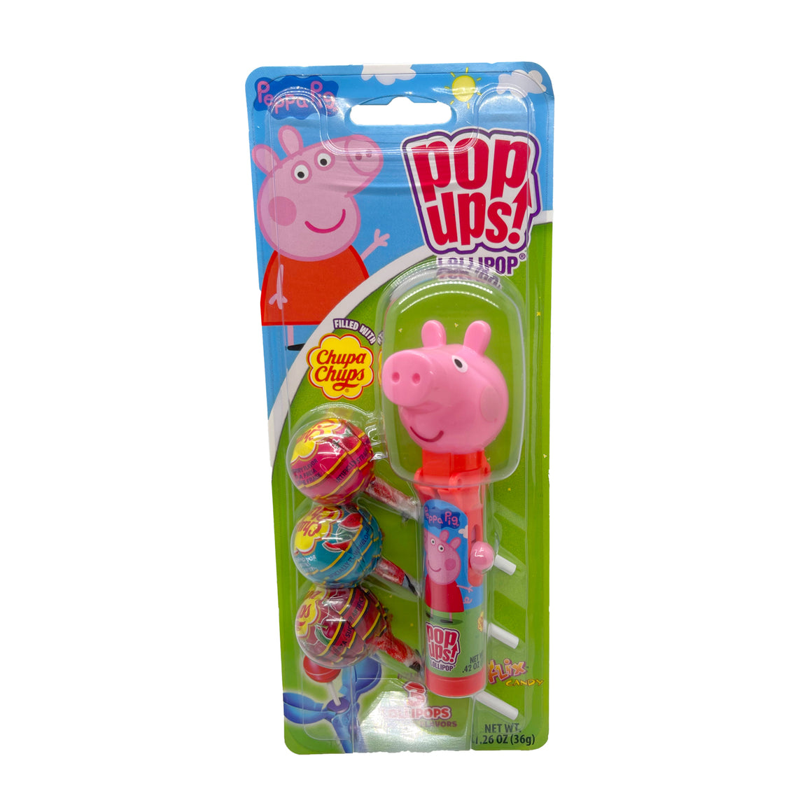 All City Candy Flix Pop ups! Peppa Pig Blister Card 1.26 oz. Peppa Pig Novelty Flix Candy For fresh candy and great service, visit www.allcitycandy.com