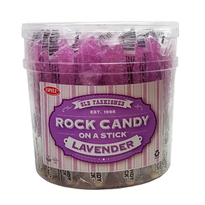 All City Candy Lavender Tutti Frutti Flavored Rock Candy Crystal Sticks - Tub of 36 Rock Candy Espeez For fresh candy and great service, visit www.allcitycandy.com