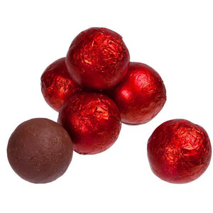 All City Candy Red Foiled Solid Milk Chocolate Balls - 2 LB Bulk Bag Bulk Wrapped SweetWorks For fresh candy and great service, visit www.allcitycandy.com
