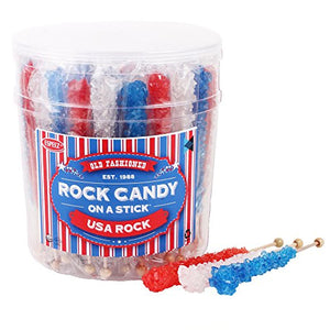 All City Candy USA Rock Red, White & Blue Rock Candy Crystal Sticks - Tub of 36 Rock Candy Espeez For fresh candy and great service, visit www.allcitycandy.com