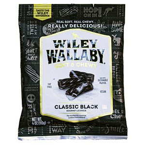 All City Candy Wiley Wallaby Classic Black Gourmet Licorice Bags 4-oz. Bag Licorice Kenny's Candy Company For fresh candy and great service, visit www.allcitycandy.com