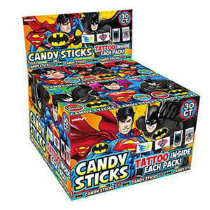 All City Candy Batman & Superman Candy Sticks - .52-oz. Box Case of 30 Novelty World Confections Inc. For fresh candy and great service, visit www.allcitycandy.com