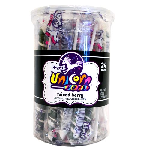 All City Candy Black & White Mixed Berry Mini Unicorn Pop - 24 Count Tub Lollipops & Suckers Adams & Brooks For fresh candy and great service, visit www.allcitycandy.com