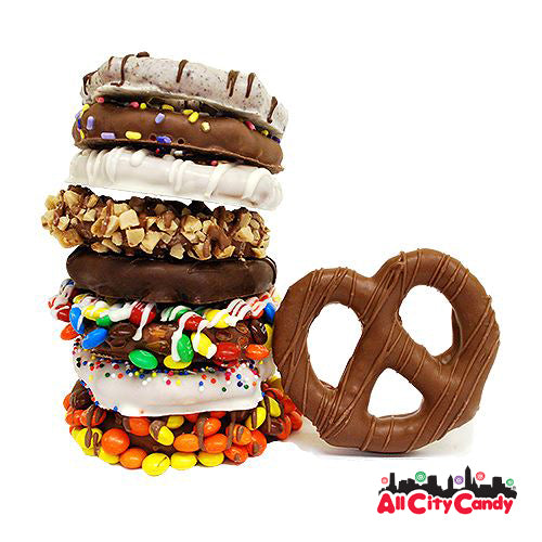 Delectable Dozen Gourmet Chocolate Covered Pretzel Twists Gift Basket All City Candy