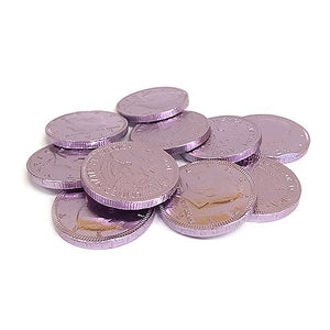 All City Candy Fort Knox Lavender Milk Chocolate Coins - 1 LB Mesh Bag Chocolate Gerrit J. Verburg Candy For fresh candy and great service, visit www.allcitycandy.com