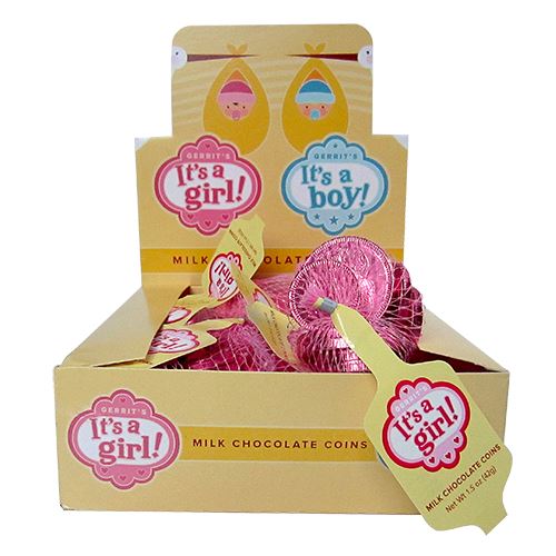 All City Candy Fort Knox Pink It's A Girl Milk Chocolate Coins - 1.5-oz. Mesh Bag Chocolate Gerrit J. Verburg Candy 1 Bag For fresh candy and great service, visit www.allcitycandy.com
