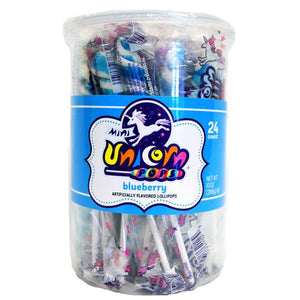 All City Candy Light Blue & White Blueberry Mini Unicorn Pop - 24 Count Tub Lollipops & Suckers Adams & Brooks For fresh candy and great service, visit www.allcitycandy.com