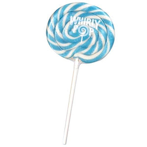 All City Candy Light Blue & White Blueberry Whirly Pop 1.5 oz., 3" Lollipops & Suckers Adams & Brooks 1 Lollipop For fresh candy and great service, visit www.allcitycandy.com