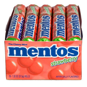 All City Candy Mentos Strawberry Chewy Mints - 1.32-oz. Roll Mints Perfetti Van Melle Case of 15 For fresh candy and great service, visit www.allcitycandy.com