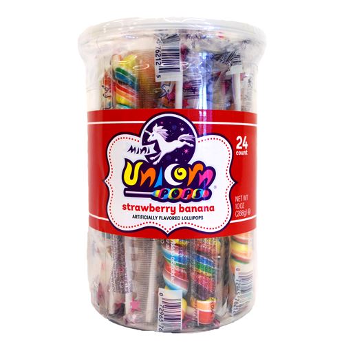 All City Candy Rainbow Strawberry Banana Mini Unicorn Pop - Tub of 24 Lollipops & Suckers Adams & Brooks For fresh candy and great service, visit www.allcitycandy.com