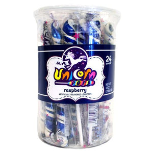 All City Candy Royal Blue & White Raspberry Mini Unicorn Pop - 24 Count Tub Lollipops & Suckers Adams & Brooks For fresh candy and great service, visit www.allcitycandy.com