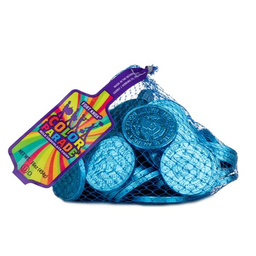All City Candy Fort Knox Caribbean Blue Milk Chocolate Coins - 1 LB Mesh Bag Chocolate Gerrit J. Verburg Candy For fresh candy and great service, visit www.allcitycandy.com
