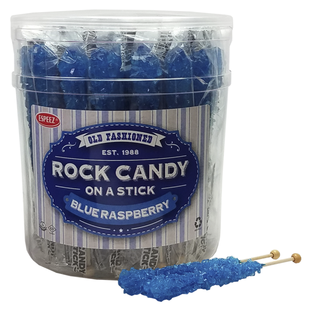 All City Candy Blue Raspberry Flavored Rock Candy Crystal Sticks - Tub of 36 Rock Candy Espeez For fresh candy and great service, visit www.allcitycandy.com