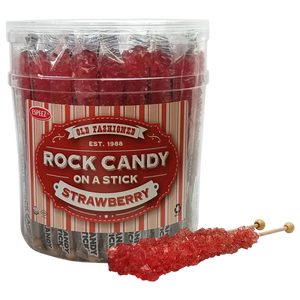 All City Candy Red Strawberry Flavored Rock Candy Crystal Sticks - Tub of 36 Rock Candy Espeez For fresh candy and great service, visit www.allcitycandy.com