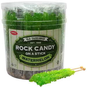 All City Candy Light Green Watermelon Flavored Rock Candy Crystal Sticks - Tub of 36 Rock Candy Espeez For fresh candy and great service, visit www.allcitycandy.com