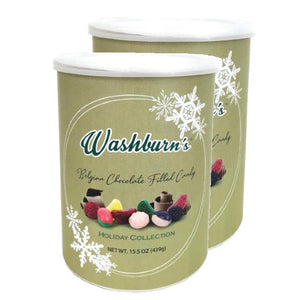 All City Candy Washburn Holiday Premium Belgian Chocolate Filled Candy Holiday Collection 15.5 oz. Canister Pack of 2 Christmas Quality Candy Company For fresh candy and great service, visit www.allcitycandy.com