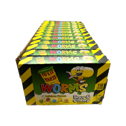 Toxic Waste Sour and Chewy Worms 3 oz. Theater Box - For fresh candy and great service, visit www.allcitycandy.com